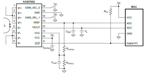 Circuito applicativo sensore di corrente Allegro ACS37002