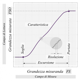 La massima escursione dei valori che la grandezza misuranda può assumere in ingresso si traduce nell'introduzione dei concetti di soglia e portata (FS, Full Scale); sul lato del campo di lettura le caratteristiche di interesse sono l'offset e l'uscita a fondoscala (FSO, Full Scale Output). La minima variazione in ingresso in grado di produrre una variazione in uscita definisce invece la risoluzione dello strumento. 
