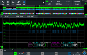 Visualizzazione simultanea della tensione analogica continua di alimentazione e del protocollo del bus CAN, sia in forma di stringa digitale che di segnale decodificato
